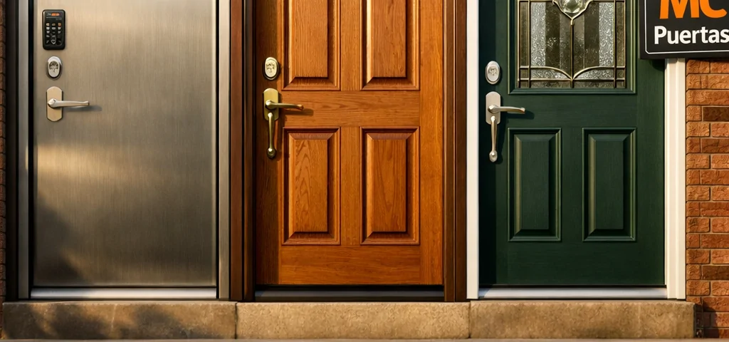Primer plano fotorealista de tres puertas blindadas residenciales: acero, roble y compuesta con vidrio, iluminadas cálidamente. Cuales son las puertas blindadas mas populares para uso residencial.