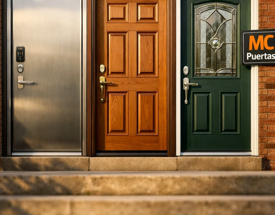 Primer plano fotorealista de tres puertas blindadas residenciales: acero, roble y compuesta con vidrio, iluminadas cálidamente. Cuales son las puertas blindadas mas populares para uso residencial.