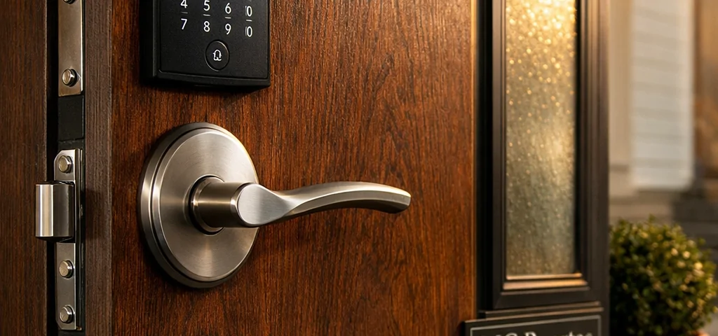 Puerta de entrada premium en luz cálida, mostrando seguridad y estética. Cuales son las opciones mas recomendadas para puertas de entrada seguras y esteticas.