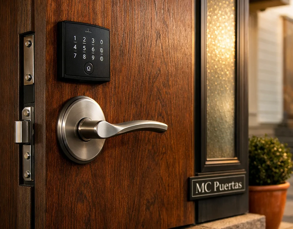 Puerta de entrada premium en luz cálida, mostrando seguridad y estética. Cuales son las opciones mas recomendadas para puertas de entrada seguras y esteticas.