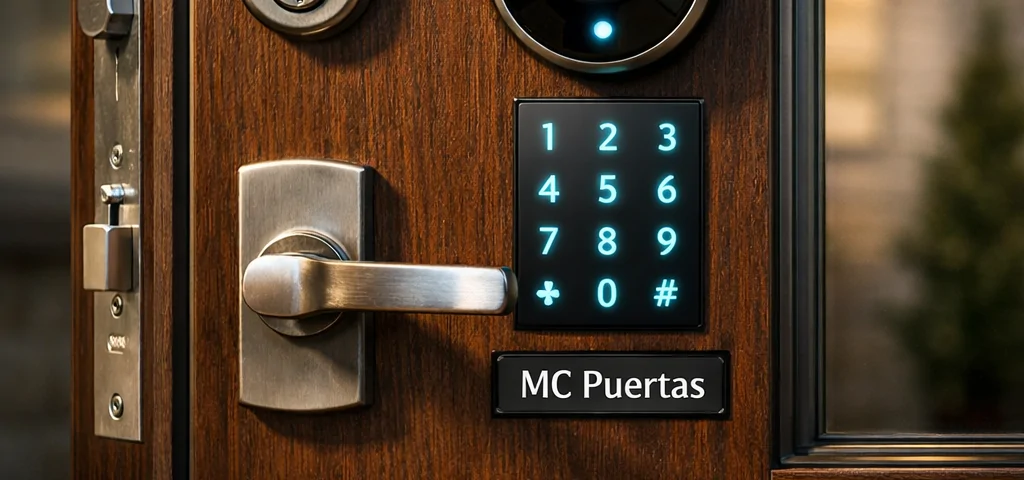 Puerta de entrada moderna de madera oscura con tecnología avanzada; Cuales son las tendencias actuales en puertas de entrada seguras para el hogar.