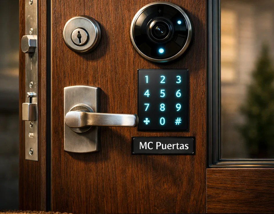 Puerta de entrada moderna de madera oscura con tecnología avanzada; Cuales son las tendencias actuales en puertas de entrada seguras para el hogar.