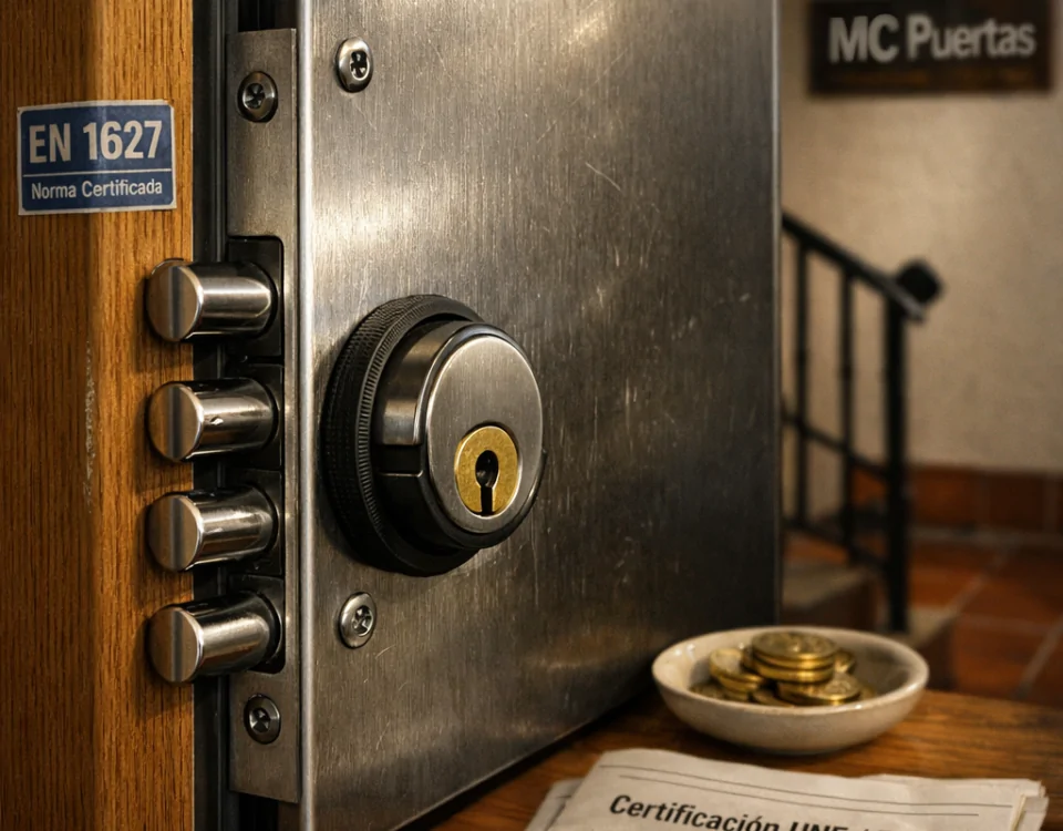 Entrada de apartamento con puerta acorazada, destacando calidad y precio: "Cual es la mejor opcion de puertas acorazadas en terminos de calidad y precio en el mercado espanol".