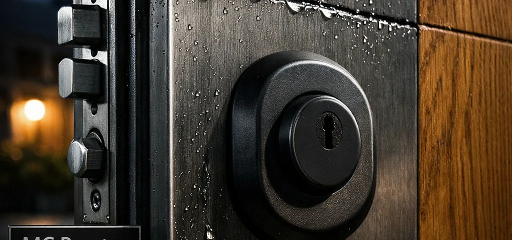 Puerta blindada de acero con detalles en madera, mostrando seguridad y textura; ideal para evaluar "Cuales son las mejores puertas blindadas para garantizar la seguridad en el hogar".