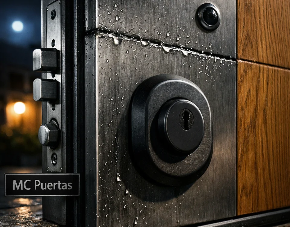 Puerta blindada de acero con detalles en madera, mostrando seguridad y textura; ideal para evaluar "Cuales son las mejores puertas blindadas para garantizar la seguridad en el hogar".