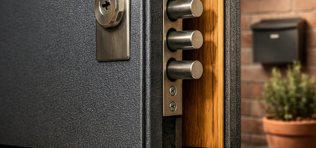 Puerta blindada gris mate entreabierta en un porche, con detalles de seguridad y un ambiente acogedor. Que puertas blindadas ofrecen la mejor relacion calidad precio para la seguridad residencial. Puerta blindada gris mate entreabierta en un porche, con detalles de seguridad y un ambiente acogedor. Que puertas blindadas ofrecen la mejor relacion calidad precio para la seguridad residencial.