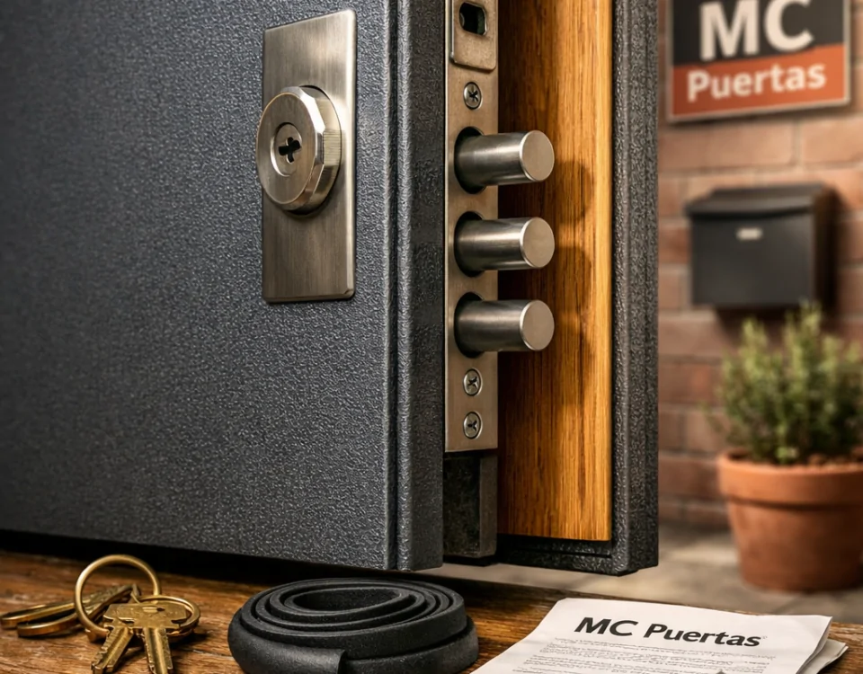 Puerta blindada gris mate entreabierta en un porche, con detalles de seguridad y un ambiente acogedor. Que puertas blindadas ofrecen la mejor relacion calidad precio para la seguridad residencial.