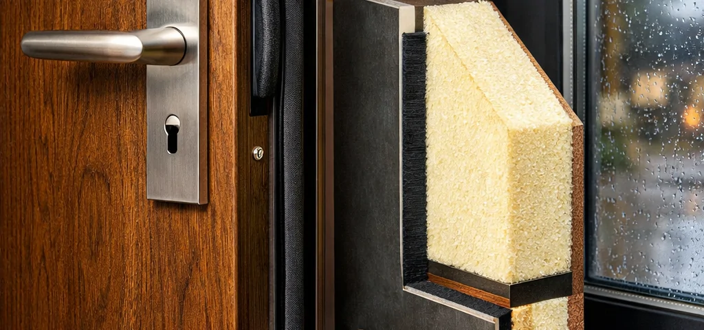 Puerta de entrada de nogal con detalles de aislamiento, muestra cómo "que puertas de entrada ofrecen el mejor aislamiento termico y acustico".