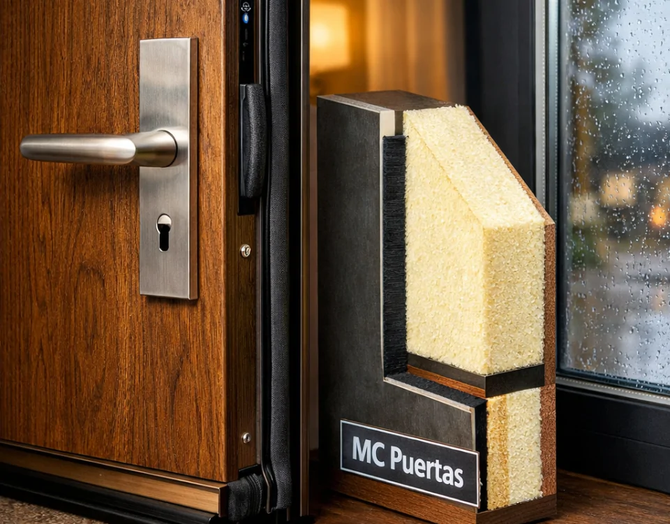 Puerta de entrada de nogal con detalles de aislamiento, muestra cómo "que puertas de entrada ofrecen el mejor aislamiento termico y acustico".