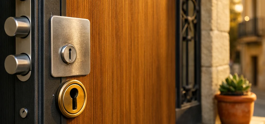 Puerta acorazada elegante en Barcelona, combinando diseño y seguridad, con detalles en acero y madera iluminados por el sol.