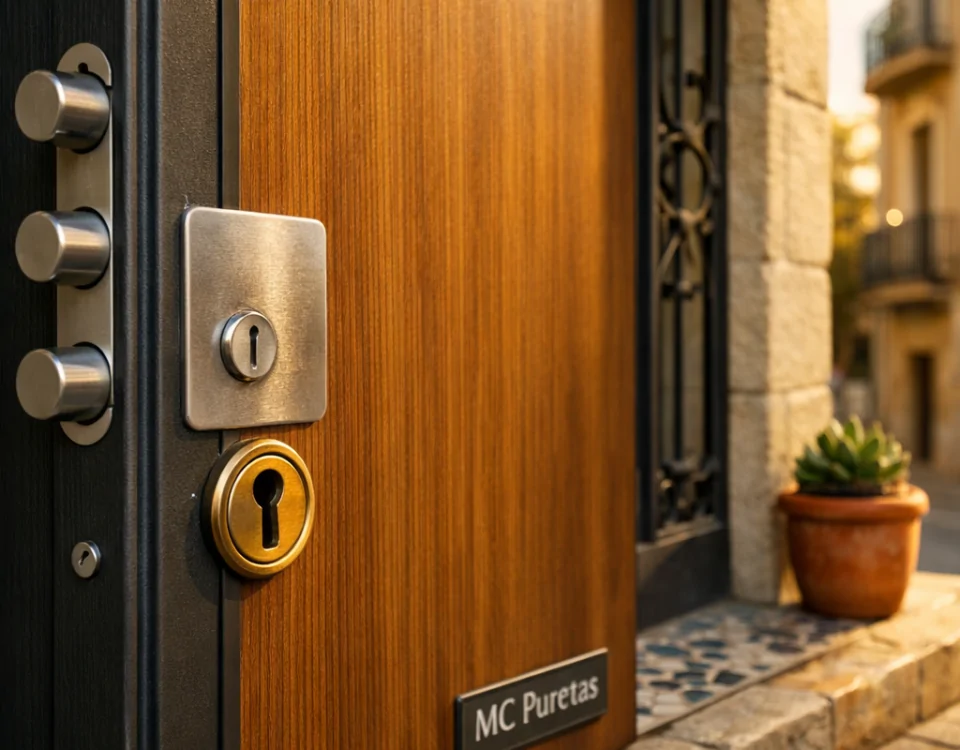 Puerta acorazada elegante en Barcelona, combinando diseño y seguridad, con detalles en acero y madera iluminados por el sol.