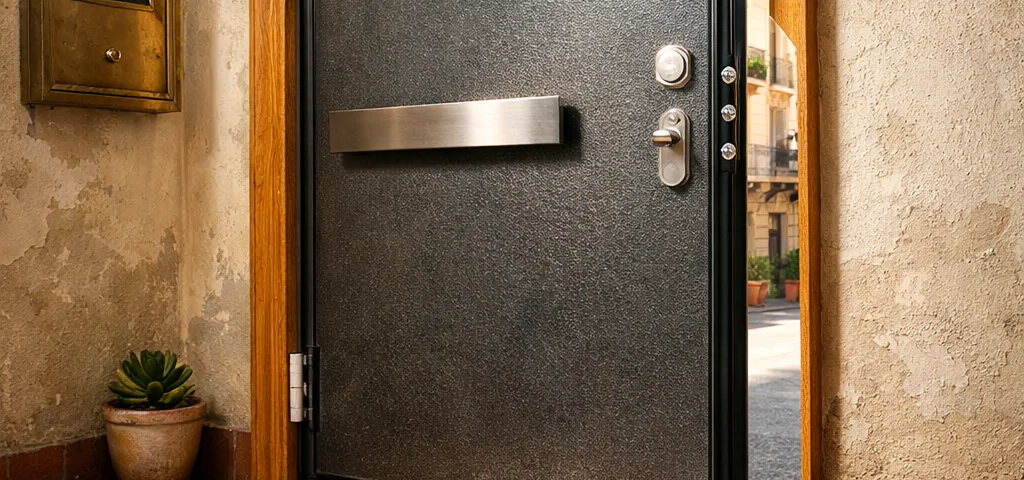 Entrada de apartamento en Barcelona con puerta blindada, herramientas y un ambiente cálido. Donde puedo comprar puertas blindadas con instalacion incluida en Barcelona. Entrada de apartamento en Barcelona con puerta blindada, herramientas y un ambiente cálido. Donde puedo comprar puertas blindadas con instalacion incluida en Barcelona.