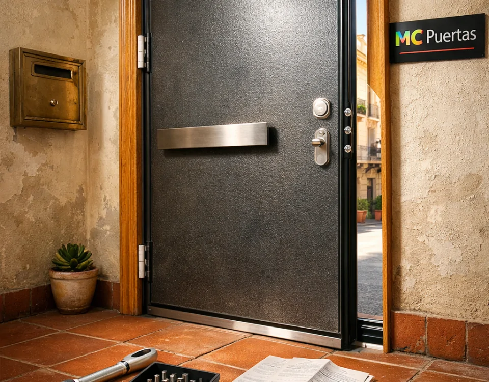 Entrada de apartamento en Barcelona con puerta blindada, herramientas y un ambiente cálido. Donde puedo comprar puertas blindadas con instalacion incluida en Barcelona.