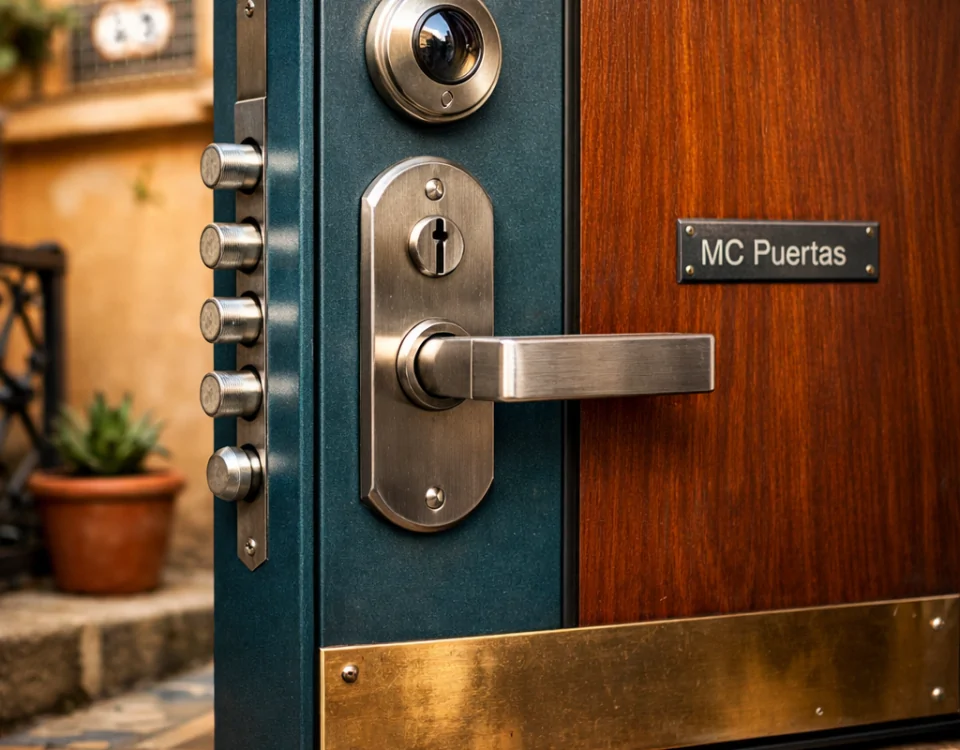 Puerta acorazada de acero teal y madera de caoba en una casa de Barcelona. Encuentra las mejores ofertas para puertas acorazadas en la zona de Barcelona.