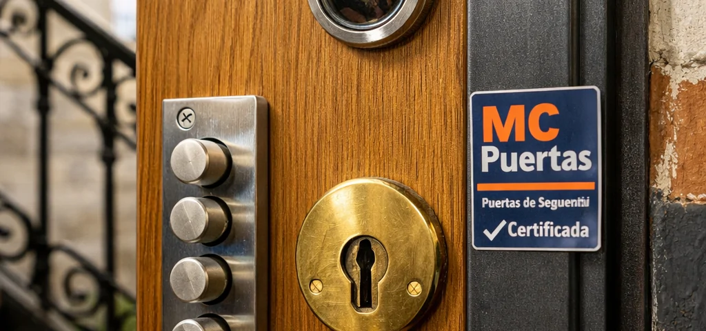 Entrada de apartamento en Barcelona con puerta acorazada de roble y acero, destacando seguridad y artesanía. Cuales son las puertas acorazadas mas recomendadas en Barcelona.