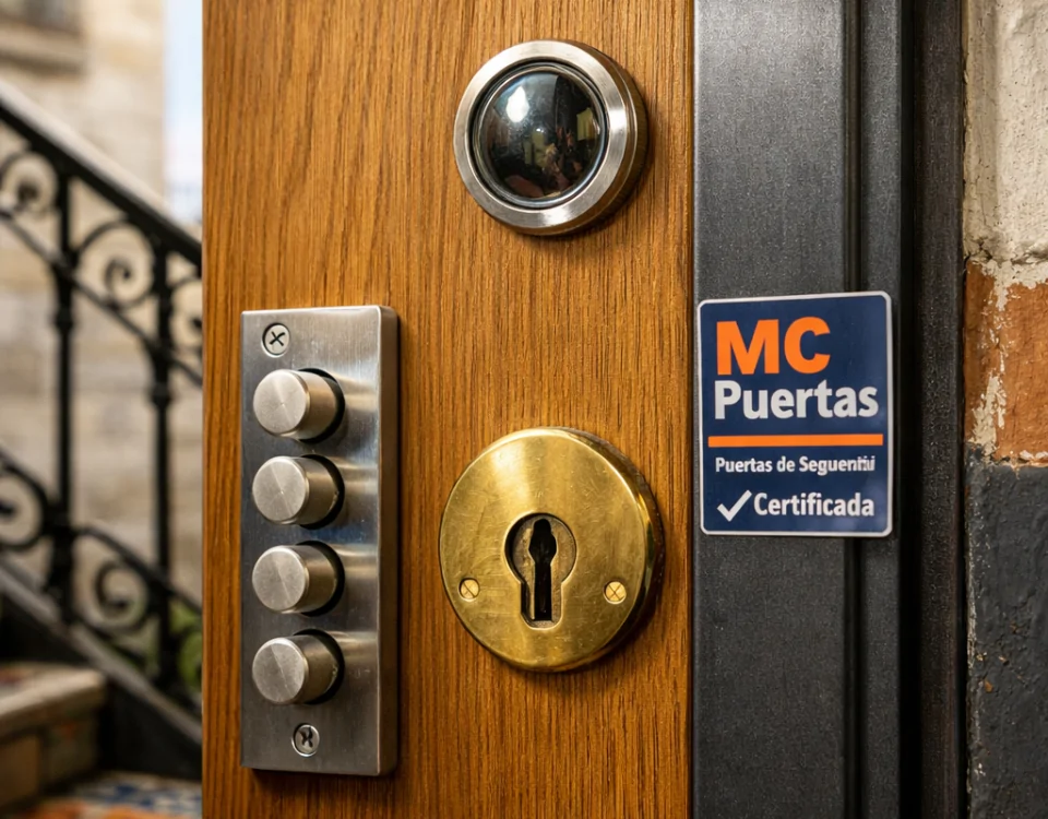 Entrada de apartamento en Barcelona con puerta acorazada de roble y acero, destacando seguridad y artesanía. Cuales son las puertas acorazadas mas recomendadas en Barcelona.
