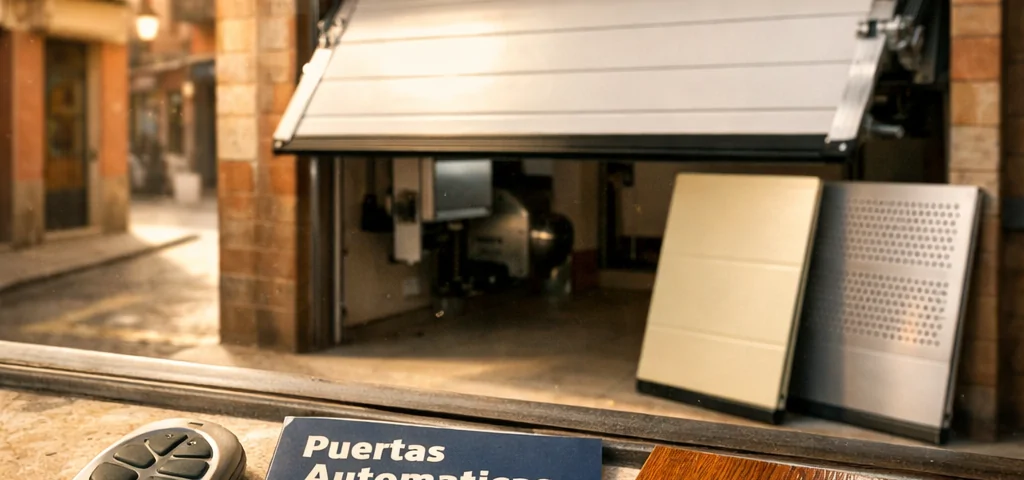 Tienda de puertas de garaje automatizadas en Madrid, con un control remoto y un catálogo sobre una repisa de piedra.