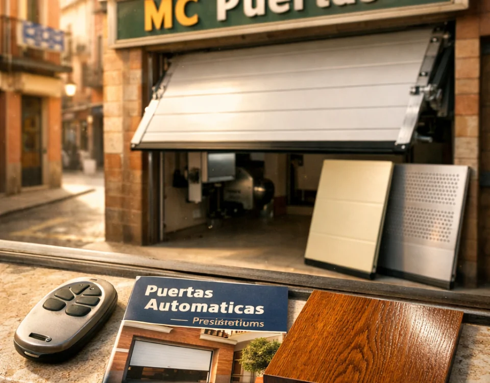 Tienda de puertas de garaje automatizadas en Madrid, con un control remoto y un catálogo sobre una repisa de piedra.