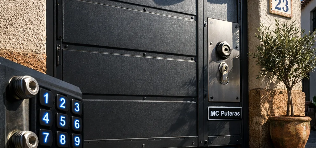 Puerta de garaje de alta seguridad en una fachada española, con detalles metálicos y un ambiente tenso. Donde puedo comprar puertas de garaje de alta seguridad en España.