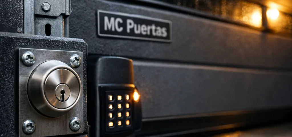 Puerta de garaje reforzada con cerradura, mostrando detalles de seguridad; ideal para saber qué puertas de garaje ofrecen la mejor seguridad para viviendas. Puerta de garaje reforzada con cerradura, mostrando detalles de seguridad; ideal para saber qué puertas de garaje ofrecen la mejor seguridad para viviendas.