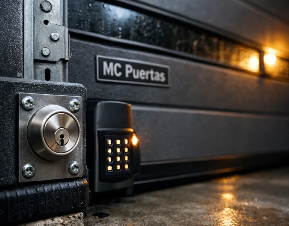 Puerta de garaje reforzada con cerradura, mostrando detalles de seguridad; ideal para saber qué puertas de garaje ofrecen la mejor seguridad para viviendas.