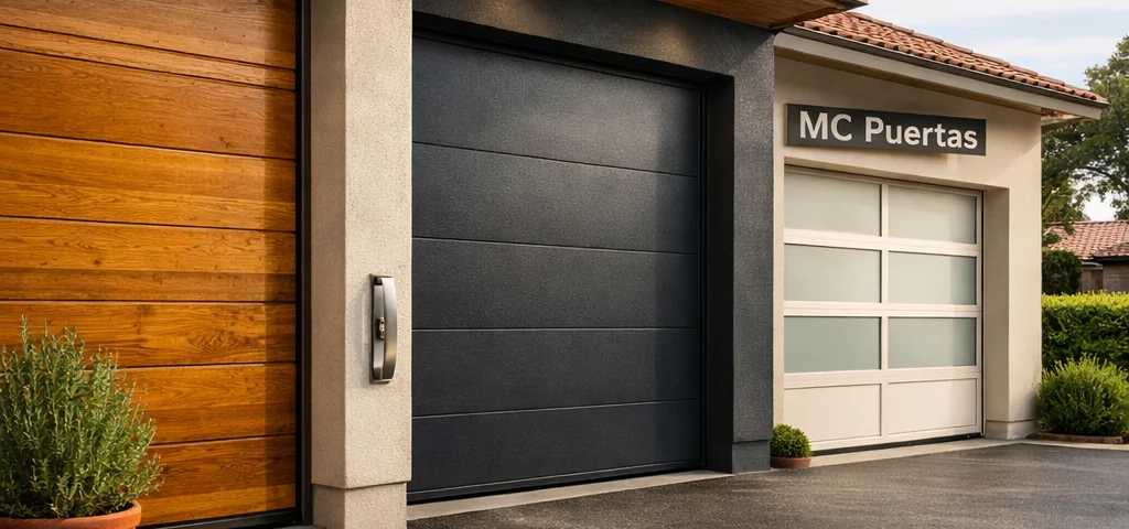 Escena residencial con tres puertas de garaje; ideal para comunidades de vecinos. Cuales son las mejores puertas de garaje para comunidades de vecinos.