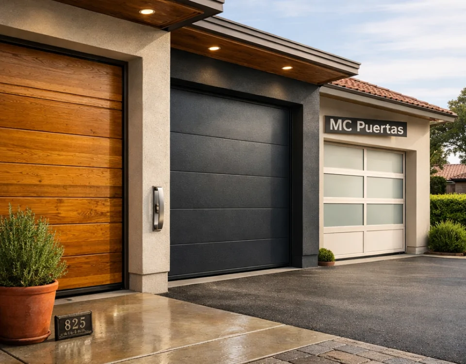 Escena residencial con tres puertas de garaje; ideal para comunidades de vecinos. Cuales son las mejores puertas de garaje para comunidades de vecinos.