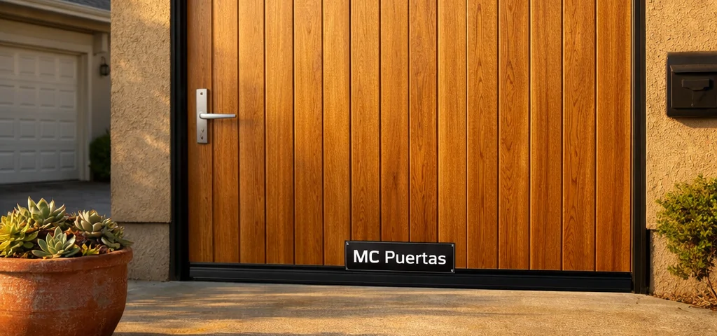 Puerta de garaje de paneles de cedro en un vecindario soleado; ideal para comunidades de vecinos. Puerta de garaje de paneles de cedro en un vecindario soleado; ideal para comunidades de vecinos.