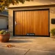 Puerta de garaje de paneles de cedro en un vecindario soleado; ideal para comunidades de vecinos. Puerta de garaje de paneles de cedro en un vecindario soleado; ideal para comunidades de vecinos.