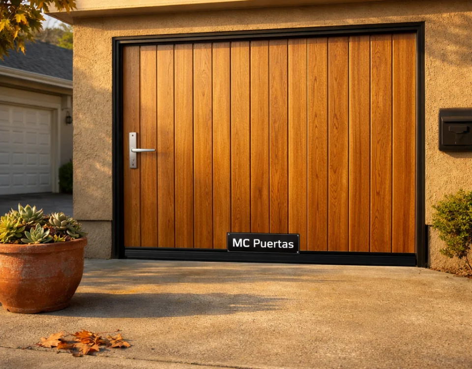 Puerta de garaje de paneles de cedro en un vecindario soleado; ideal para comunidades de vecinos.