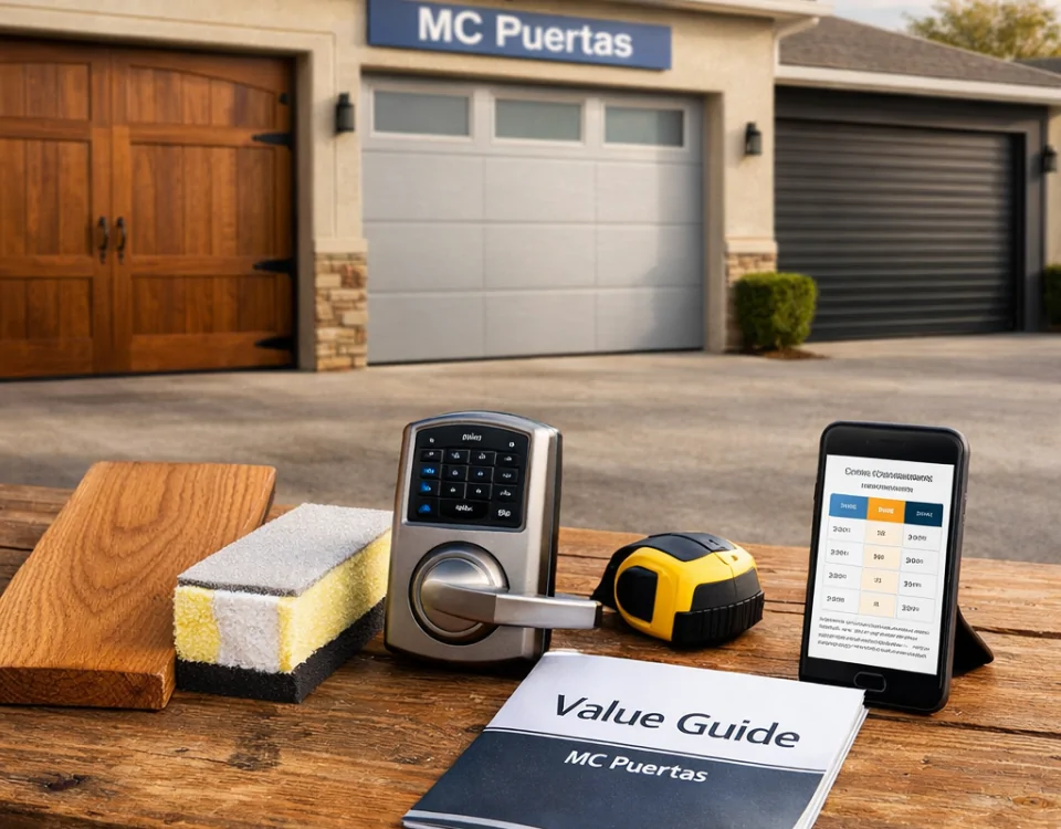 Escena suburbana iluminada con puertas de garaje; muestra de materiales y comparación de precios: "Que puertas de garaje tienen la mejor relacion calidad precio".