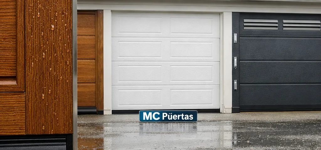 Fila de puertas de garaje recomendadas para climas húmedos, con texturas y colores que reflejan un ambiente costero. Fila de puertas de garaje recomendadas para climas húmedos, con texturas y colores que reflejan un ambiente costero.
