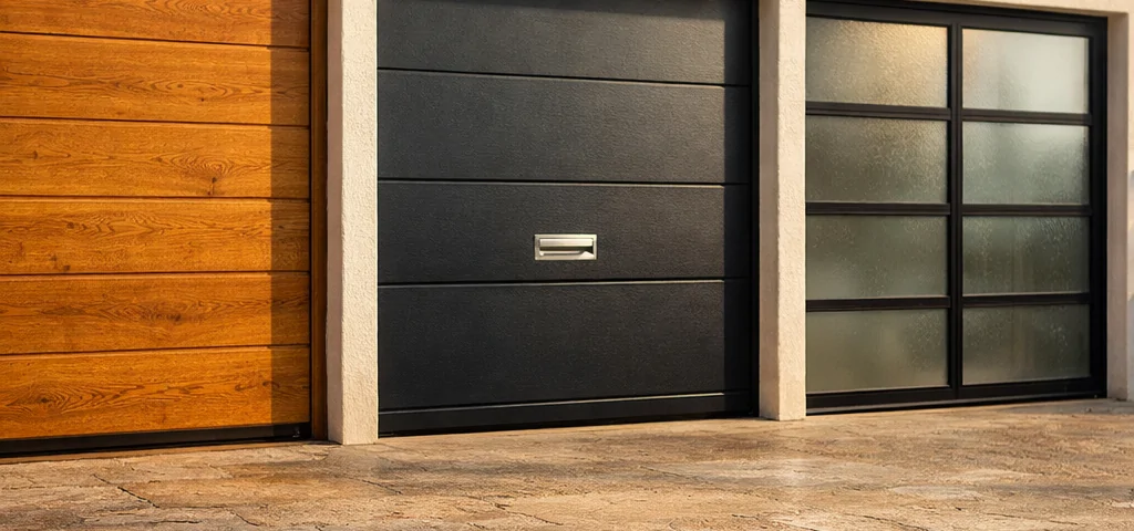Fachada mediterránea con tres puertas de garaje: madera de roble, acero gris y vidrio, bajo luz cálida. Cuales son las mejores puertas de garaje para instalacion en Espana.