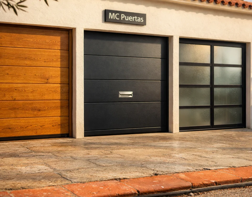 Fachada mediterránea con tres puertas de garaje: madera de roble, acero gris y vidrio, bajo luz cálida. Cuales son las mejores puertas de garaje para instalacion en Espana.