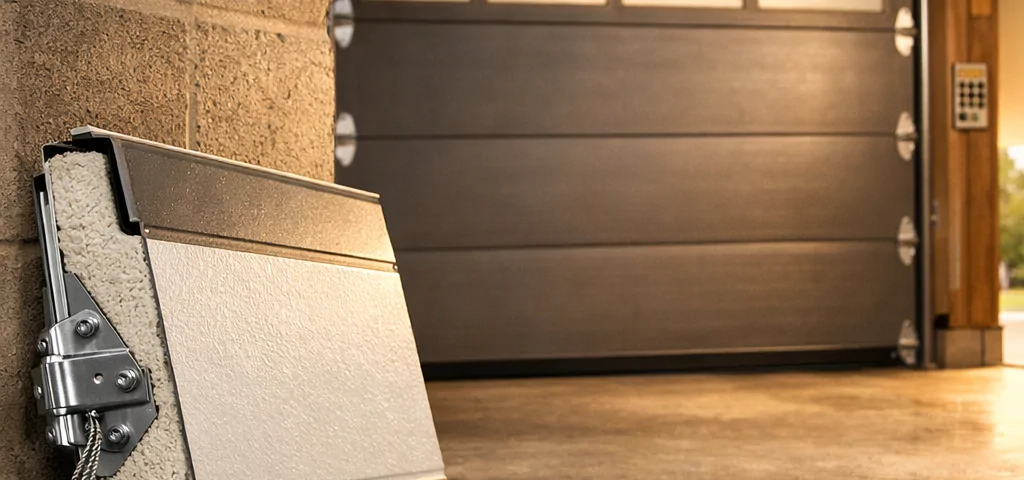 Puerta de garaje suburbana iluminada por el sol, muestra detalles de acero y vidrio; ideal para considerar: Cuales son las mejores puertas de garaje para instalacion en Espana.