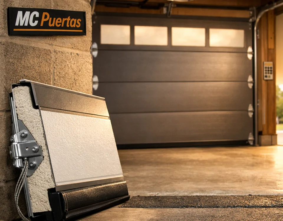Puerta de garaje suburbana iluminada por el sol, muestra detalles de acero y vidrio; ideal para considerar: Cuales son las mejores puertas de garaje para instalacion en Espana.