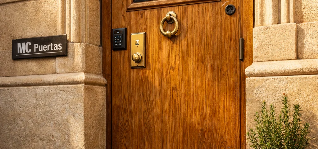 Entrada de apartamento en Barcelona con puerta de roble, detalles en hierro forjado y ambiente cálido. Quien ofrece las puertas de entrada mas seguras y esteticas en Barcelona.