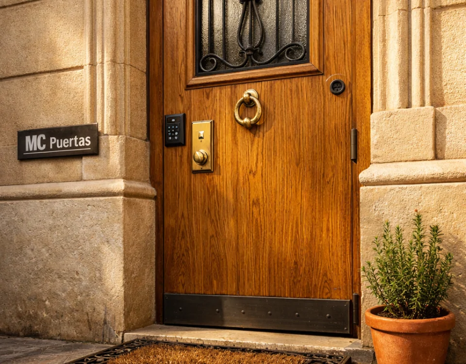 Entrada de apartamento en Barcelona con puerta de roble, detalles en hierro forjado y ambiente cálido. Quien ofrece las puertas de entrada mas seguras y esteticas en Barcelona.