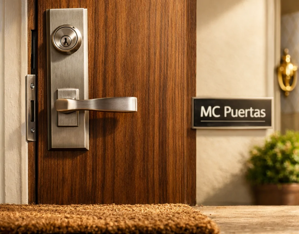 Puerta de entrada de nogal con acabado satinado en un porche elegante; seguridad y estética en Barcelona.