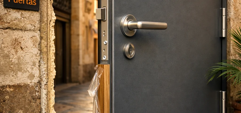 Entrada soleada en Barcelona con puerta acorazada abierta, mostrando detalles de seguridad y artesanía. Buscar donde comprar puertas acorazadas con instalacion incluida en Barcelona.