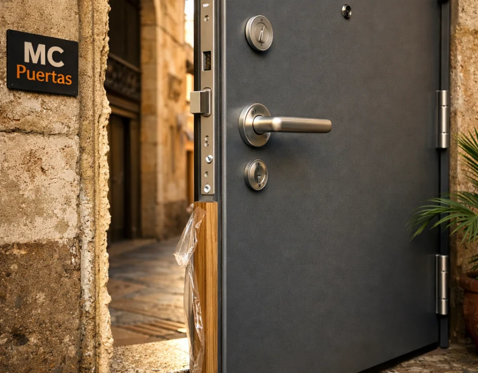 Entrada soleada en Barcelona con puerta acorazada abierta, mostrando detalles de seguridad y artesanía. Buscar donde comprar puertas acorazadas con instalacion incluida en Barcelona.