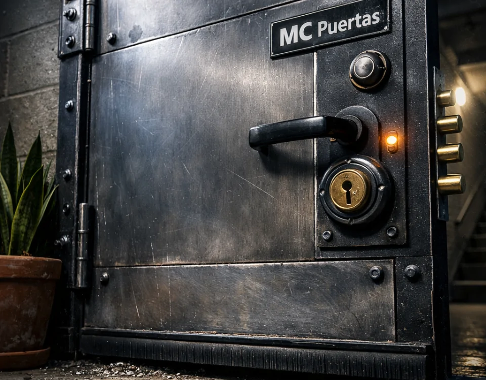 Puerta acorazada detallada en un pasillo oscuro; busca donde comprar puertas acorazadas con instalación incluida en Barcelona.