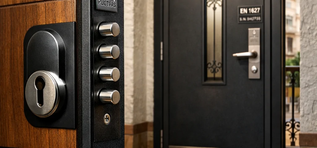 Puerta acorazada premium en un piso de Barcelona, destacando seguridad y diseño. Cuales son las puertas acorazadas mas recomendadas para seguridad en Barcelona.