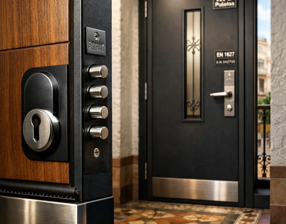 Puerta acorazada premium en un piso de Barcelona, destacando seguridad y diseño. Cuales son las puertas acorazadas mas recomendadas para seguridad en Barcelona.