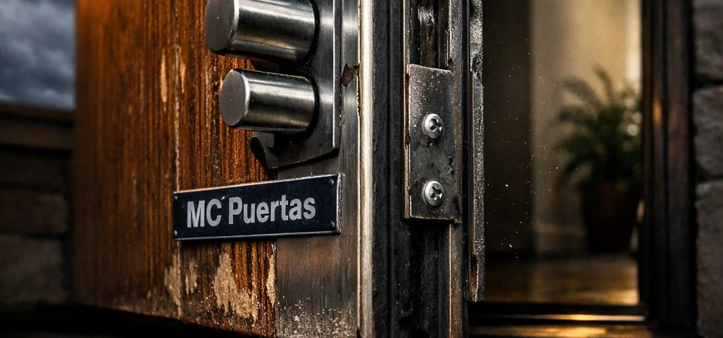 Primer plano de una puerta blindada con detalles de seguridad, ideal para comparar las mejores puertas blindadas en Barcelona para seguridad residencial.
