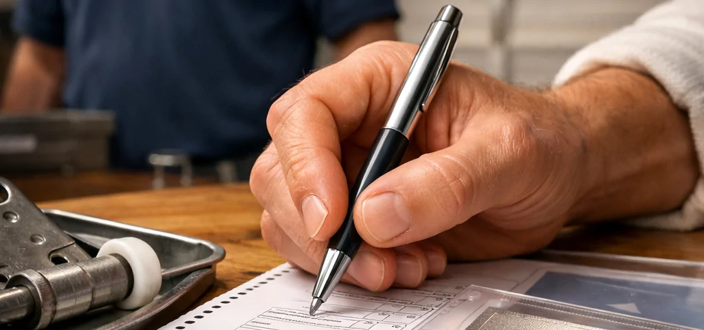 Mano firmando una encuesta de satisfacción en un banco de trabajo, destacando el servicio postventa en reparación de puertas de garaje.