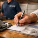 Mano firmando una encuesta de satisfacción en un banco de trabajo, destacando el servicio postventa en reparación de puertas de garaje.