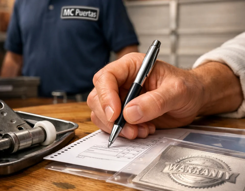 Mano firmando una encuesta de satisfacción en un banco de trabajo, destacando el servicio postventa en reparación de puertas de garaje.