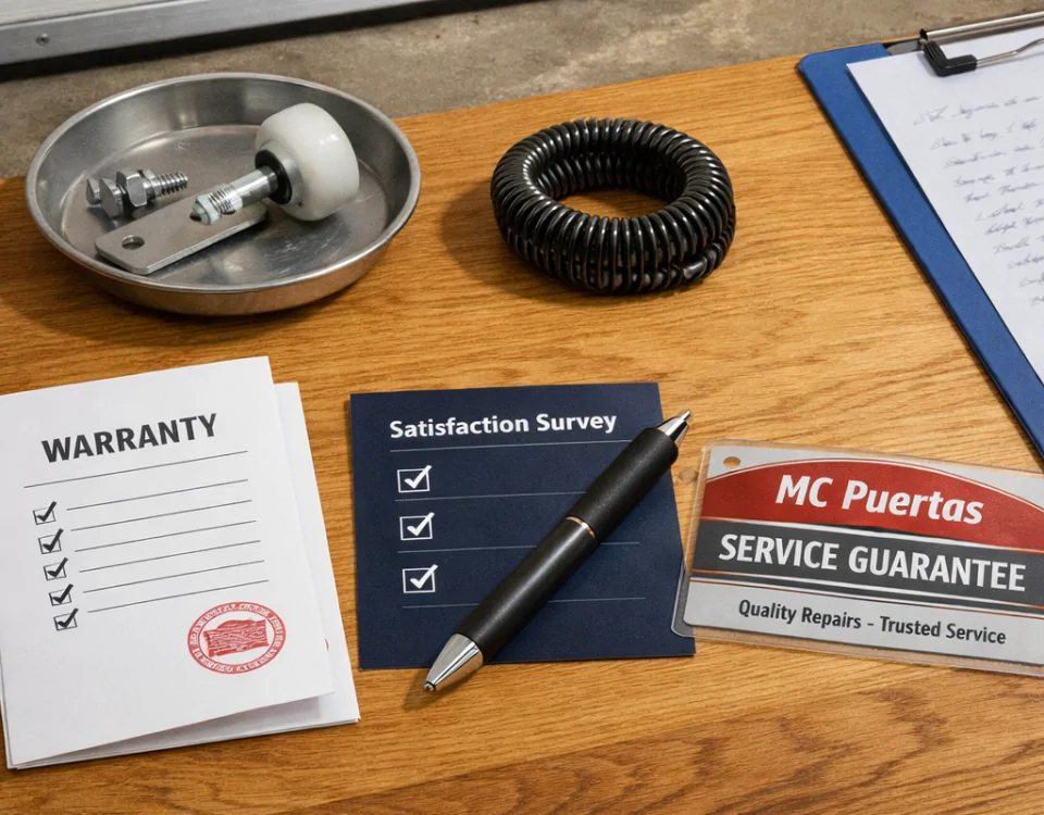 Kit de reparación de puertas de garaje en un banco de trabajo, mostrando documentos y herramientas, resaltando el servicio postventa. Que empresa ofrece el mejor servicio postventa en reparacion de puertas de garaje.