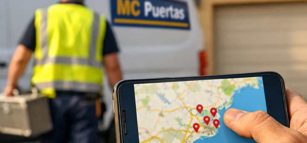 Primer plano de una mano sosteniendo un smartphone mostrando un mapa; busca "Donde puedo encontrar reparadores de puertas de garaje especializados cerca de mi ubicacion".